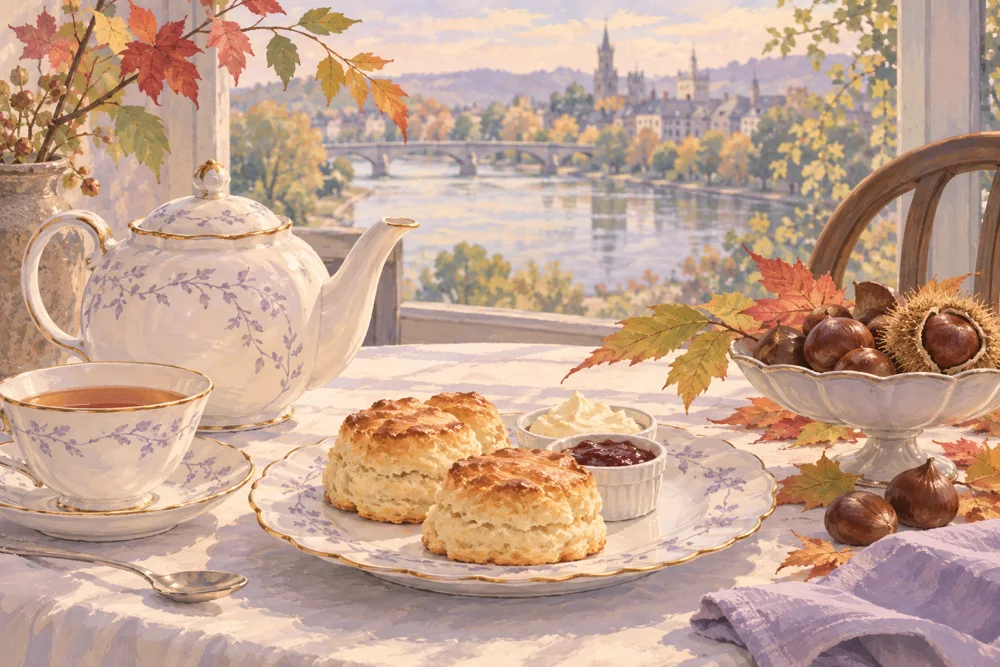 紅茶とスコーン、秋の窓辺を描いたAI生成イメージ。実際の店舗・メニューではありません。