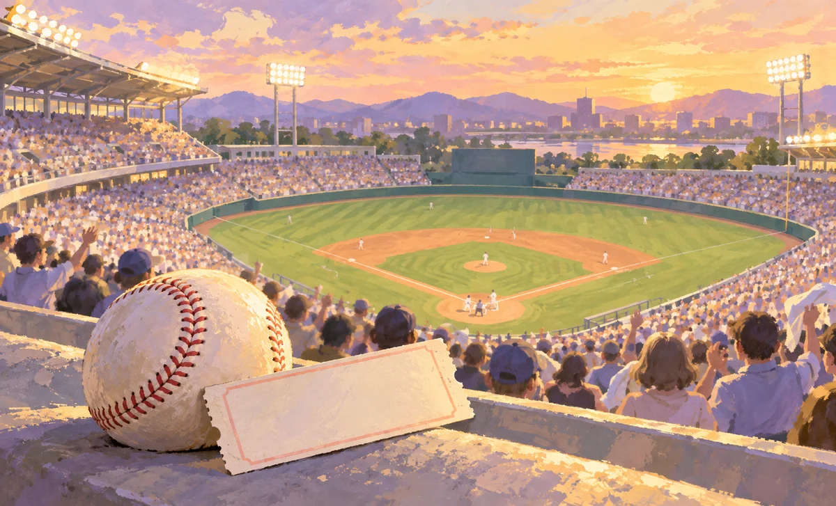 観客が集まる架空の野球場とボールを描いたAI生成イメージ。実際の甲子園や試合の写真ではありません。