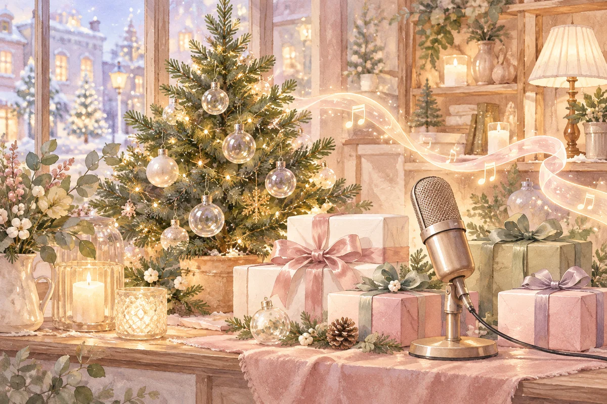 小さなクリスマスツリーとギフト、マイクを配したAI生成イメージ