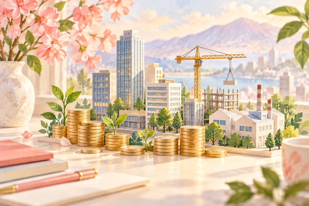 建物と硬貨で表現した設備投資のイメージ