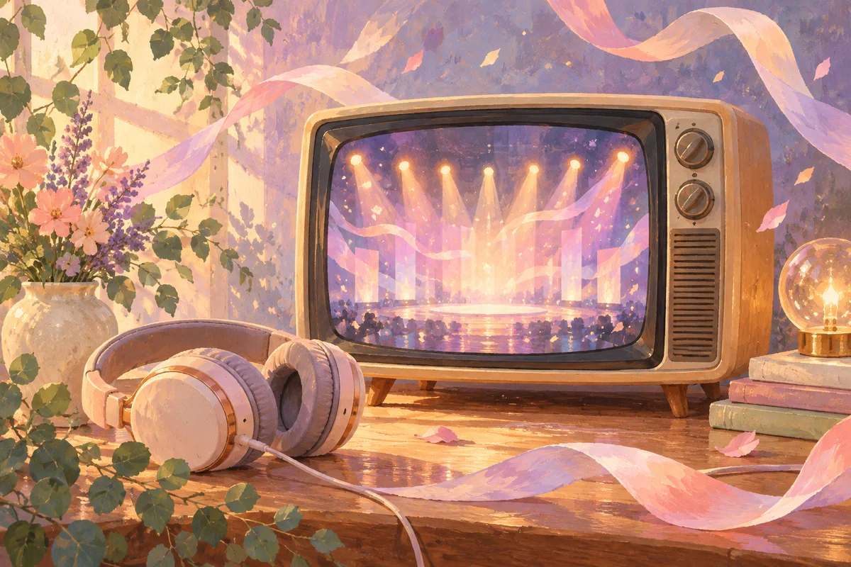 ヘッドホンとテレビ、ステージの光を描いたAI生成イメージ