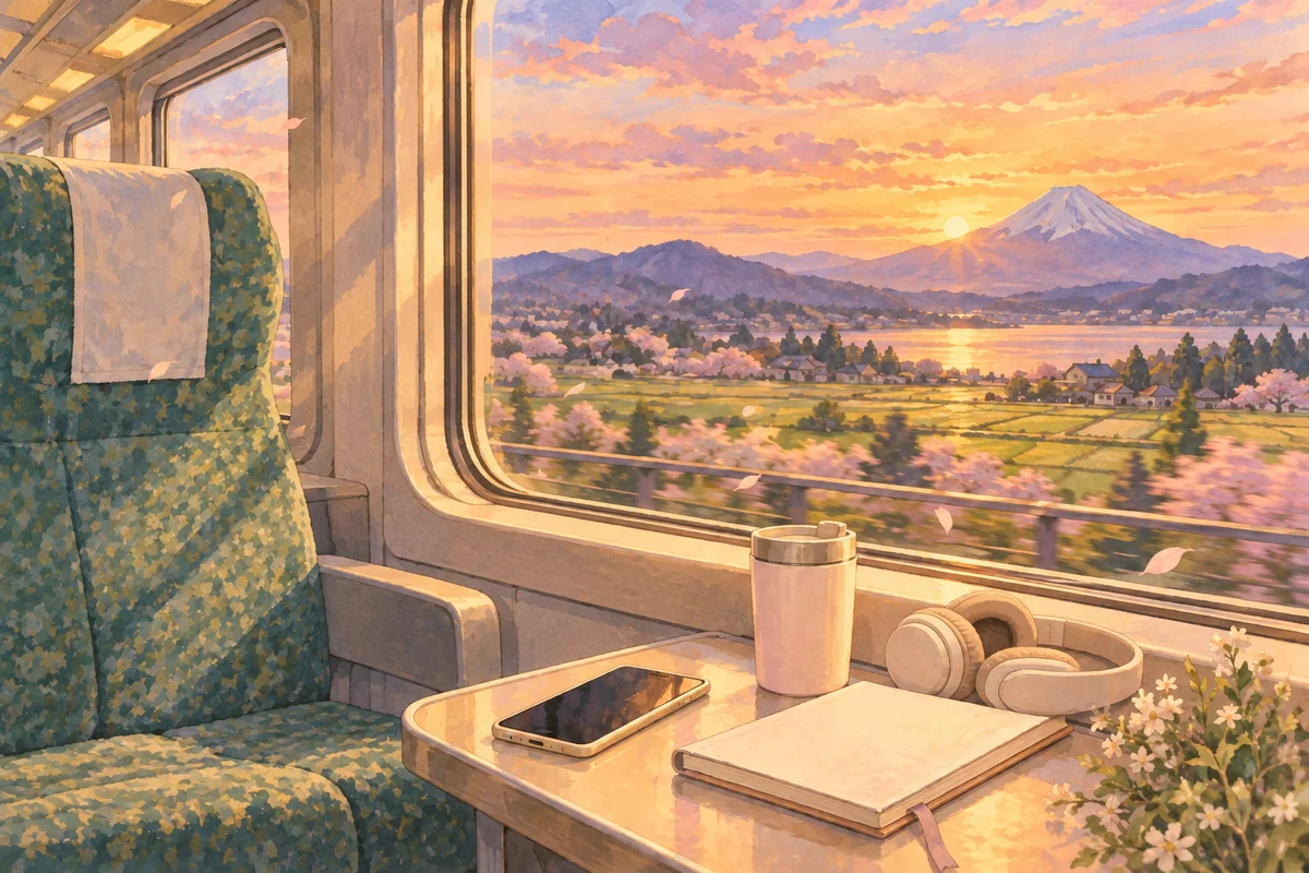 列車の窓と夕景、音楽を楽しむ小物を描いたAI生成イメージ